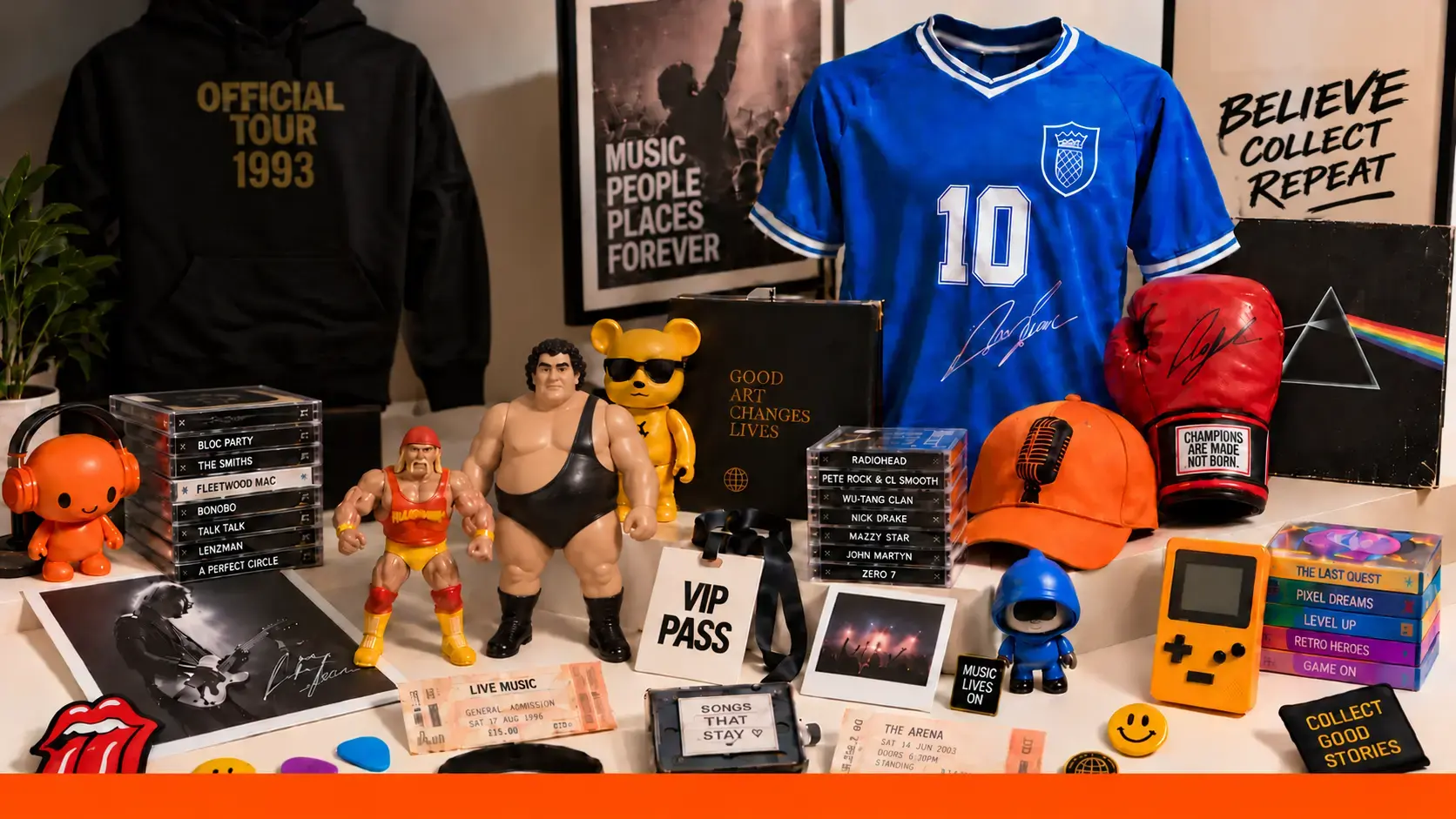 A colourful Merch collection with vinyl, music cassettes, wrestling figures, a signed football shirt, boxing glove, comedy cap, VIP pass, gaming collectibles and a yellow smiley badge.